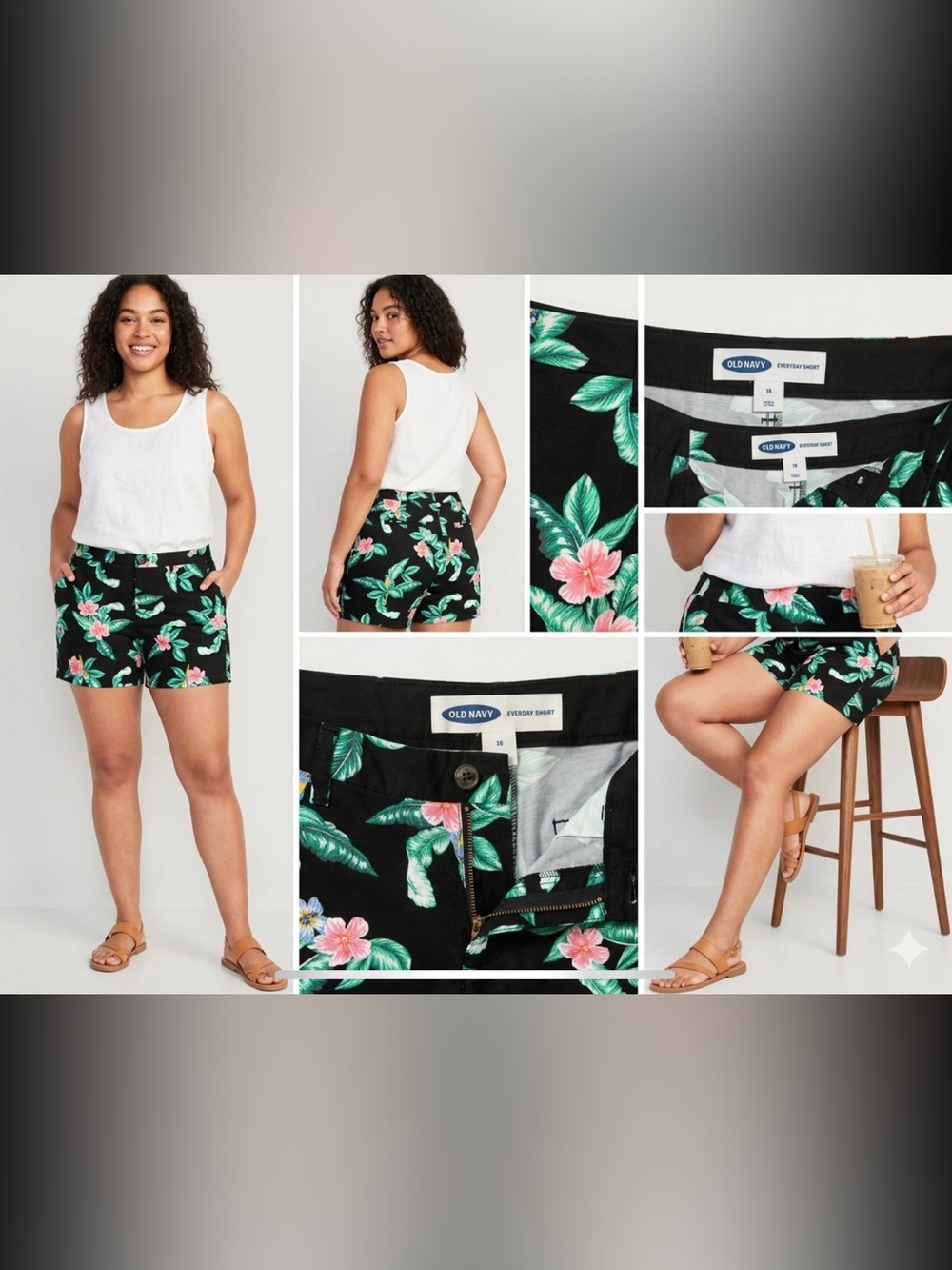 Old Navy Black Floral Shorts with Pink & Green Hibiscus Print